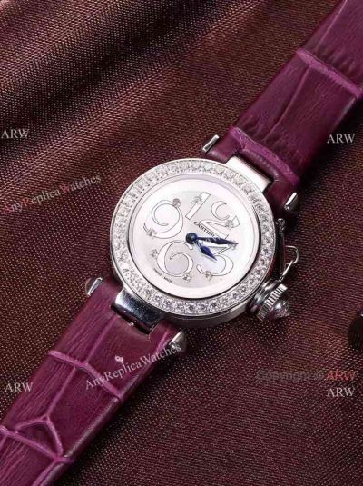 Replica Cartier Pasha SS Diamond Bezel Purple Strap Watch Ladies 28mm